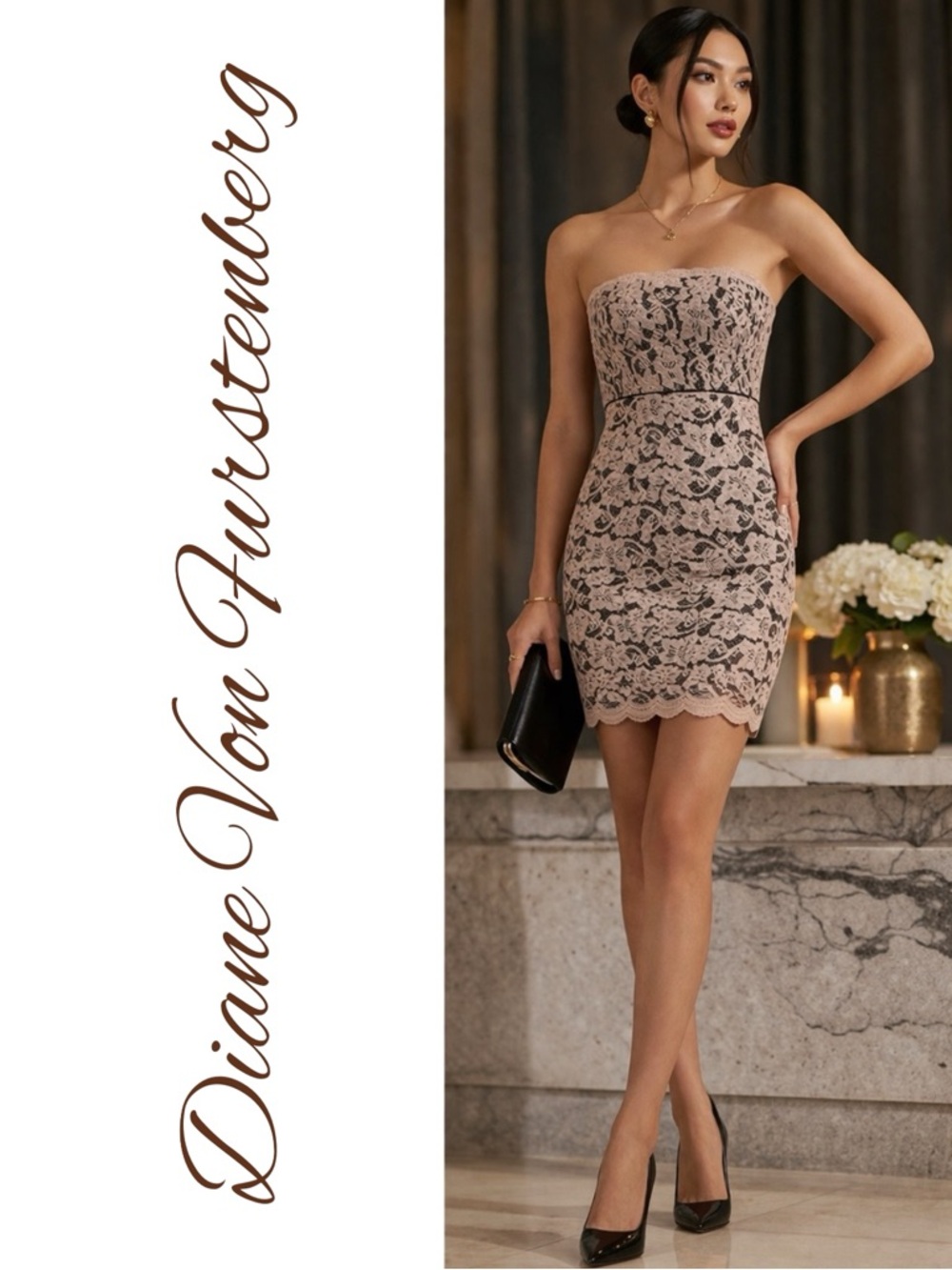 DVF Walker Strapless Lace Dress Nude‎ Black Corset Cocktail Mini NWT Size 8